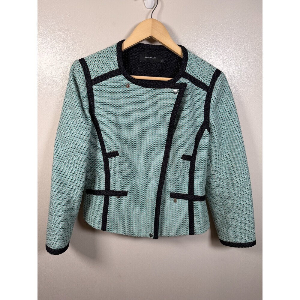 Karen Millen Tweed Moto Blazer Jacket Size 10 Blue Career Classic Work Preppy